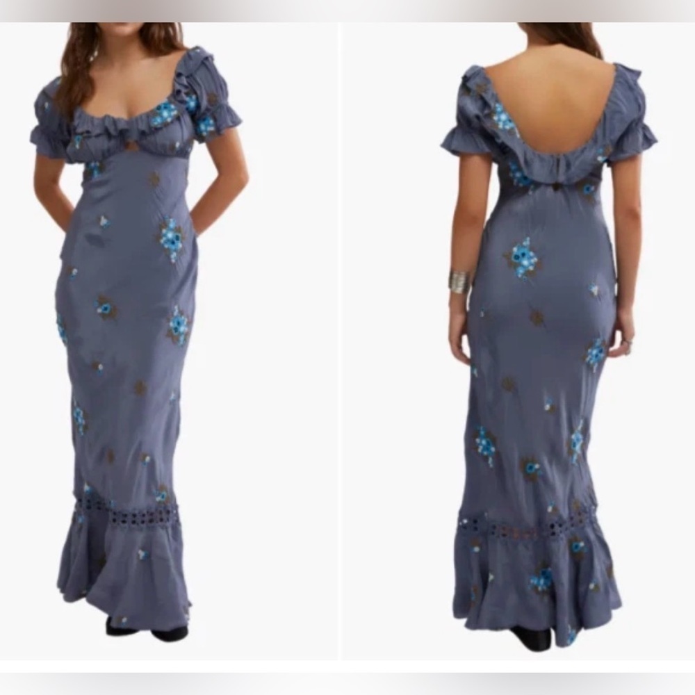 New No tags Free People Blue Floral Off-Shoulder Dress - Picture 7 of 8
